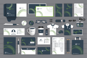 Corporate identity design set featuring branded stationery, apparel, and accessories.