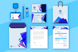 Modern corporate branding stationery set with logo, business cards, letterhead, and packaging design.