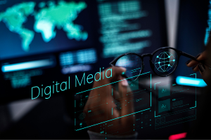 Person holding glasses in front of a futuristic digital media interface with global data visualization.