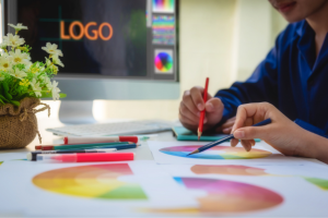 Two designers are working on logo concepts with color wheels and sketches on a desk, while a computer monitor displays the word ‘LOGO’ on screen.